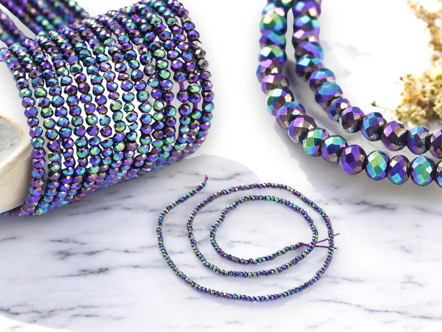 2x1.5mm Metallic Blue Iris Electroplated Glass Faceted Micro Rondelle Spacers (14" Strand)