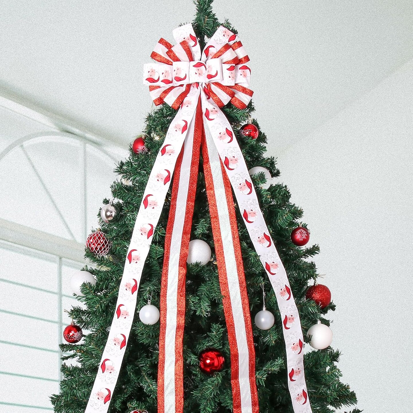 Christmas Wreath Bow Tree Topper - 48 x 13 Inches (White Red)