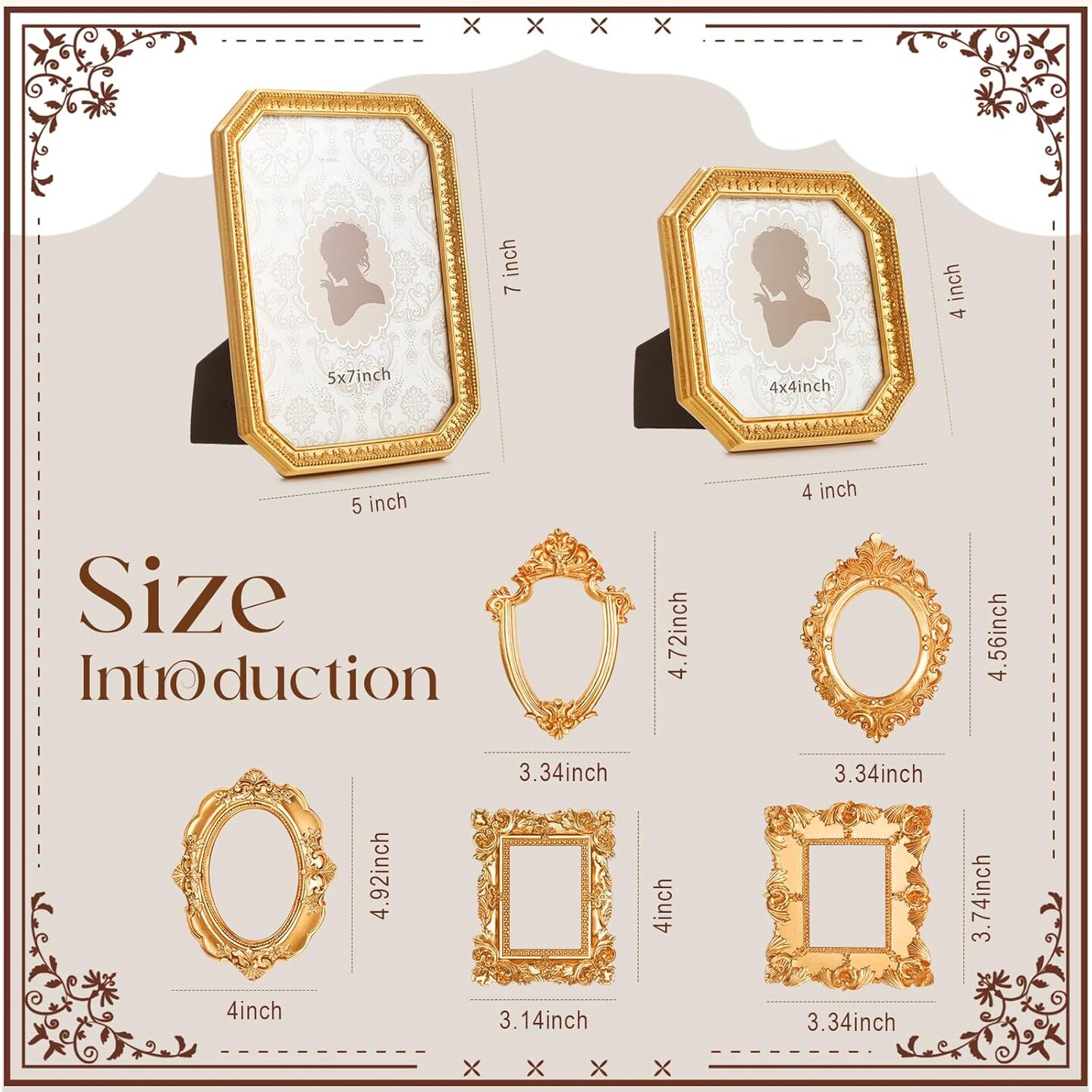 7 Pcs Vintage Resin Picture Frames Set Antique Gold Mini Photo Frames Small Baroque Oval Rectangle Ornate7