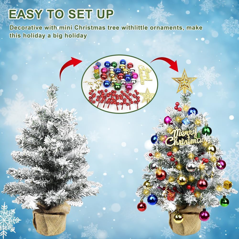 2 FT Pre-lit Snow Flocked Artificial Mini Christmas Tree Tabletop Decor