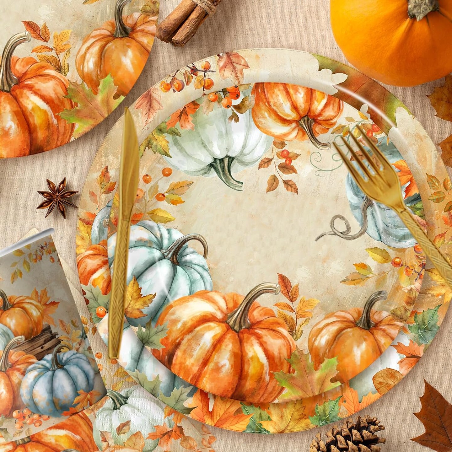 144pcs Serves 24 - Thanksgiving Paper Plates and Napkins Sets,144pcs Watercolor Retro Pumpkin(Retro)9&#x22;L x 0.04&#x22;W x 9&#x22;Th