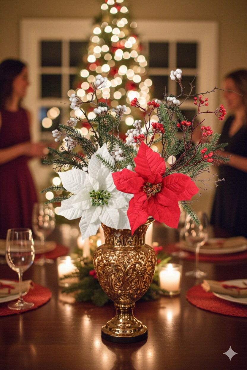 29&#x22; Poinsettia, Pine &#x26; Berry Spray &#x2013; White Artificial Holiday Floral Stem 12 Pack