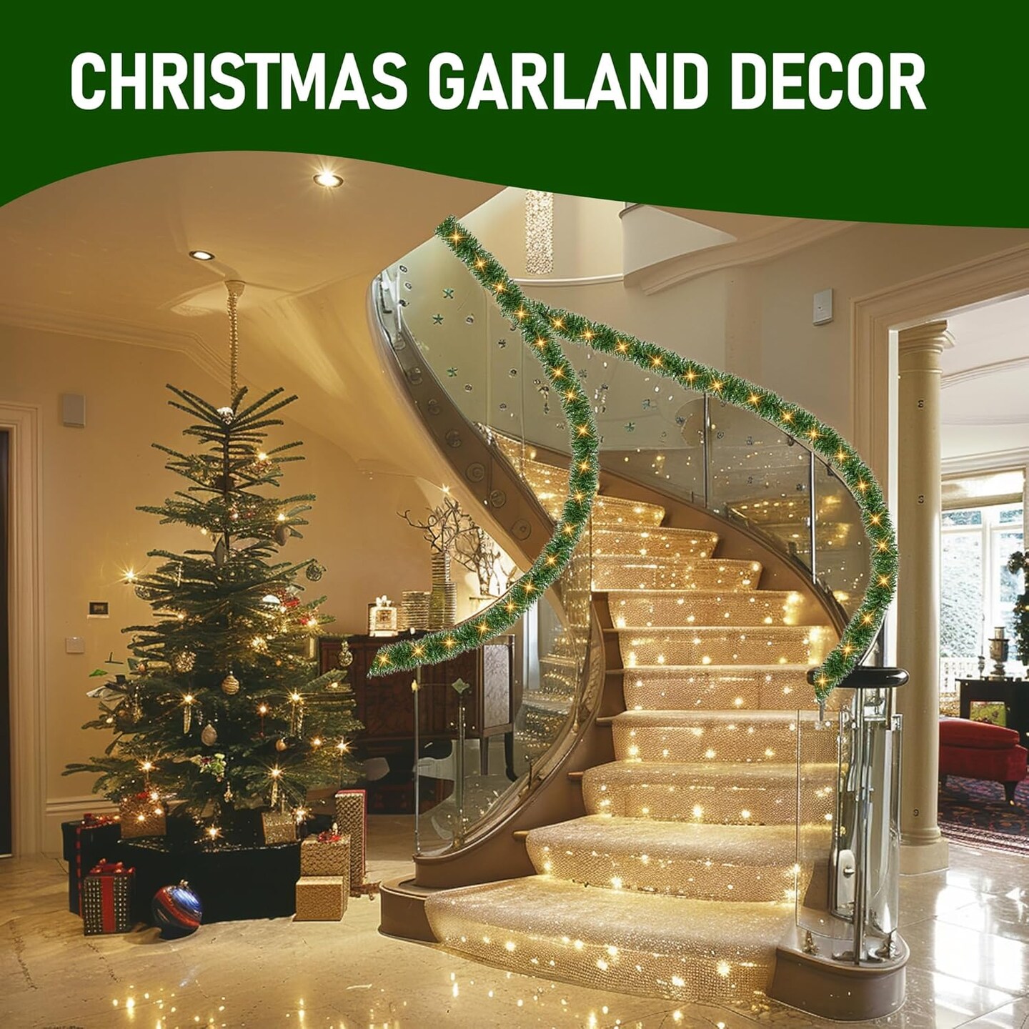 30 FT Pre-Lit Christmas Garland Decoration - 100 LED with 8 Modes (Warm White)