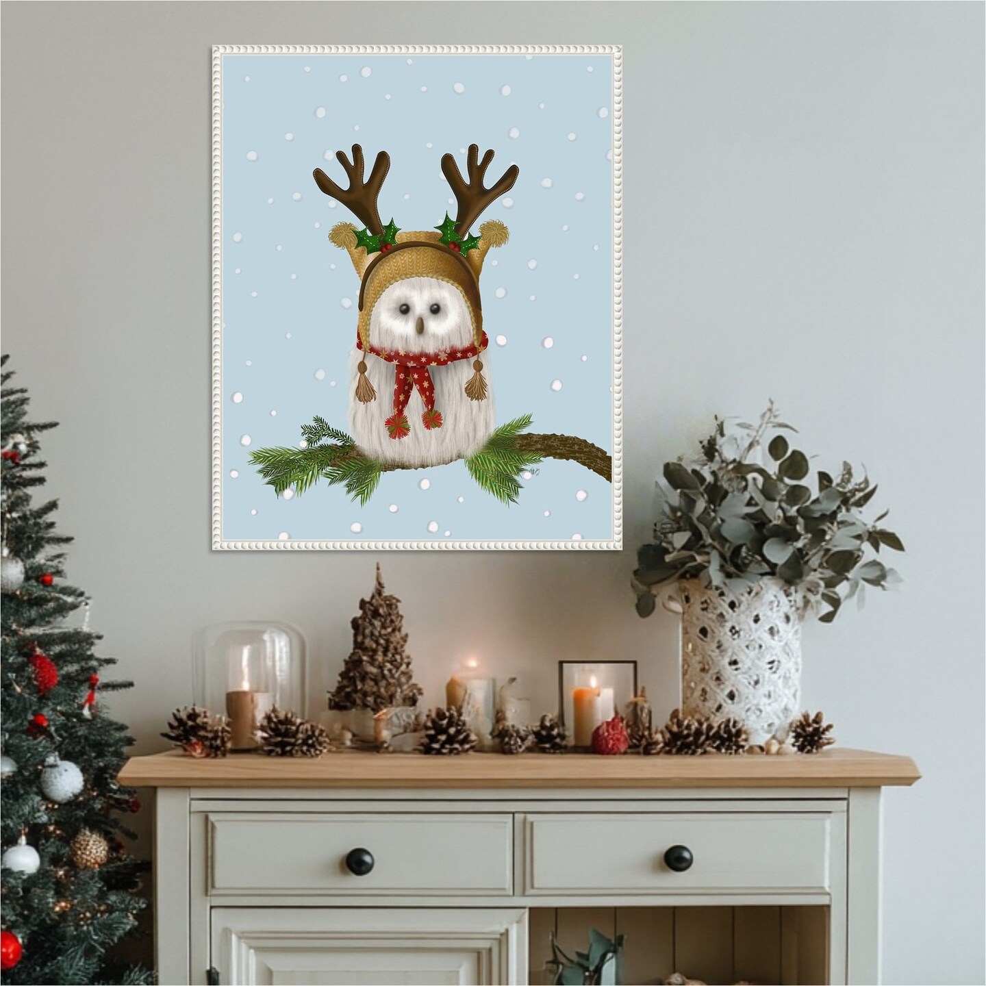 Christmas Fluffy Owl and Antlers by Fab Funky 23-in. W x 28-in. H. Canvas Wall Art Print Framed