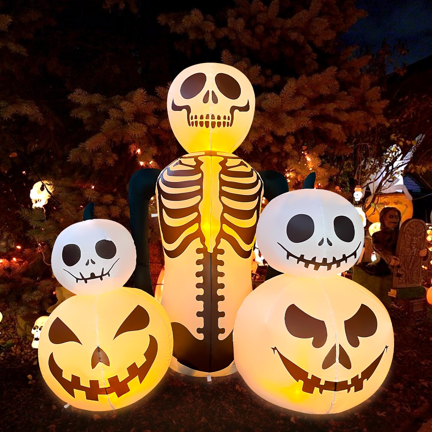 GOOSH 6FT Inflatable Skeleton with Pumpkins – Light-Up Halloween Yard Decoration