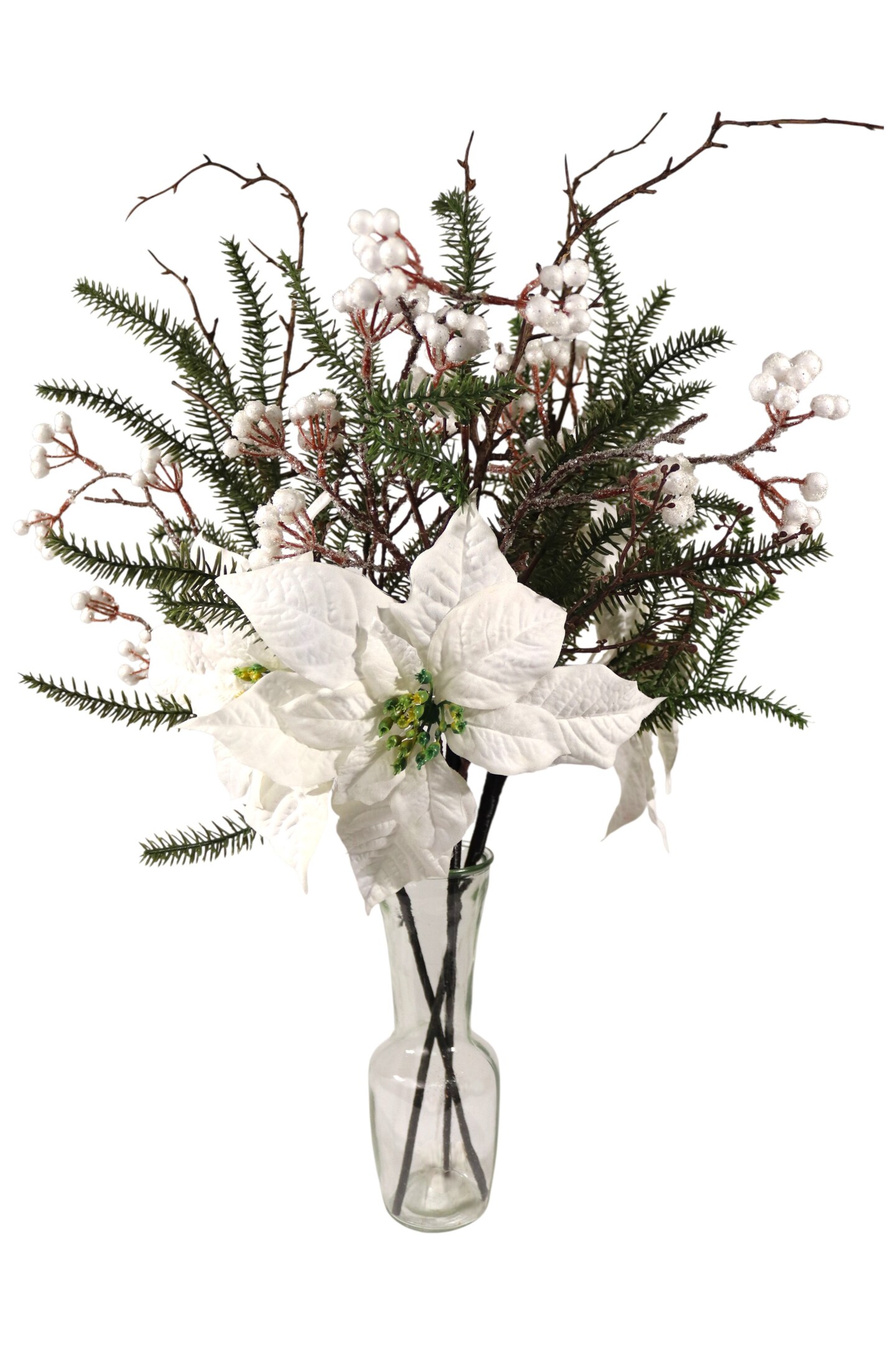 29&#x22; Poinsettia, Pine &#x26; Berry Spray &#x2013; White Artificial Holiday Floral Stem 12 Pack