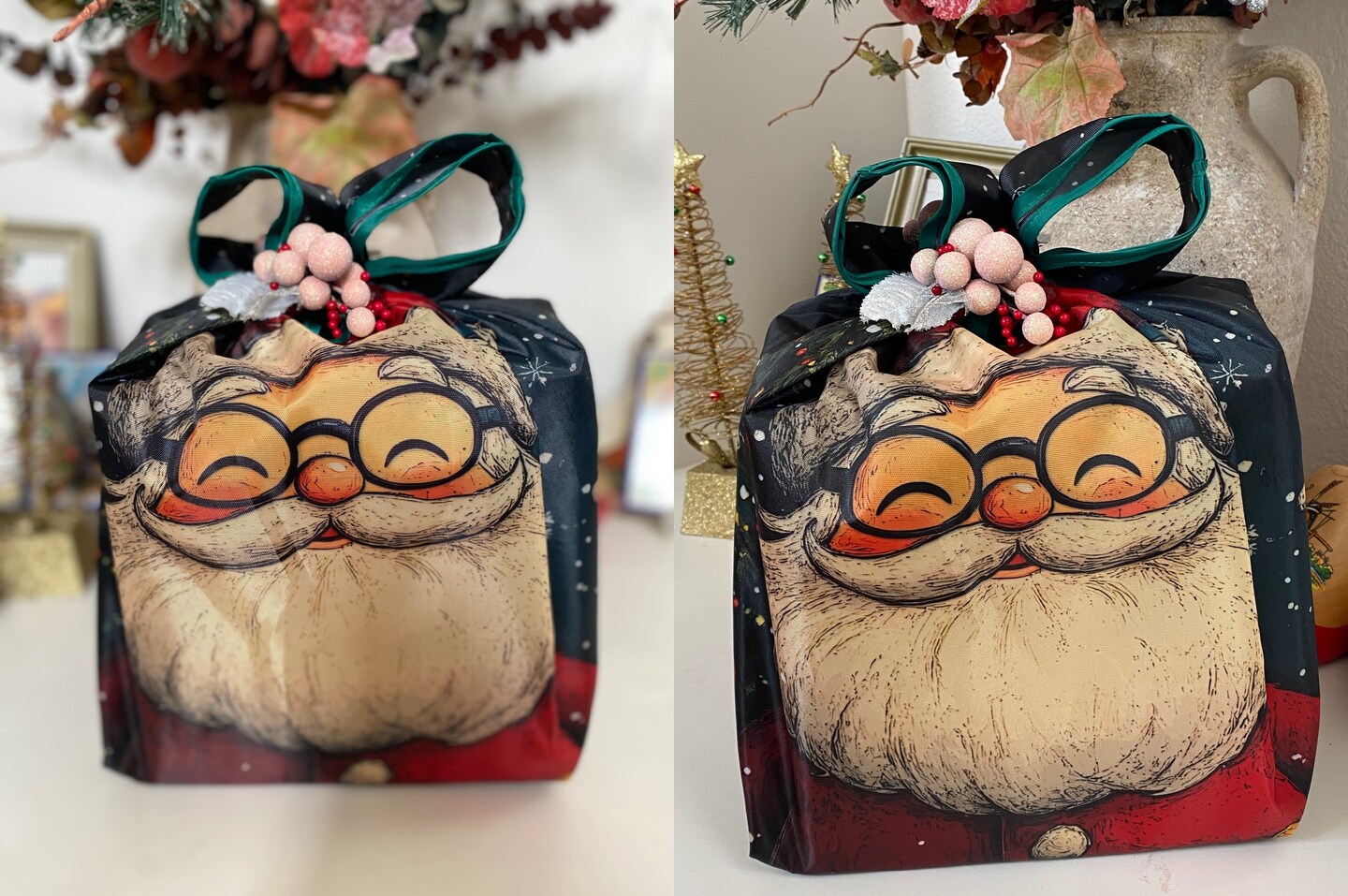 Wrapables Large Foldable Christmas Holiday Nylon Reusable Grocery Bag, Santa