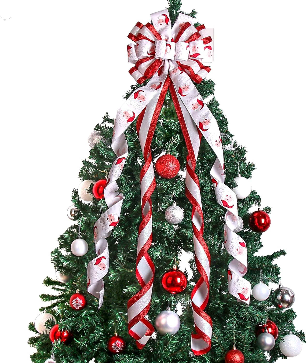 Christmas Wreath Bow Tree Topper - 48 x 13 Inches (White Red)