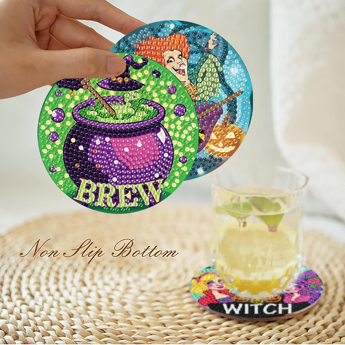 6 Pcs Diamond Paintings Coasters Kits with Holder, DIY Halloween Coaster Diamond Art Kits(0.1 x 0.1 x 0.1 inches)
