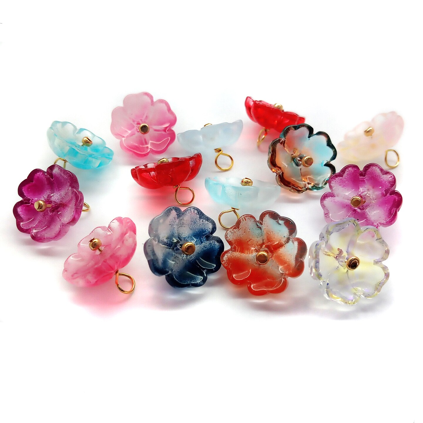 Glass Flower Bead Dangles, 15 pcs, Mixed Colors with Gold Wire, Adorabilities