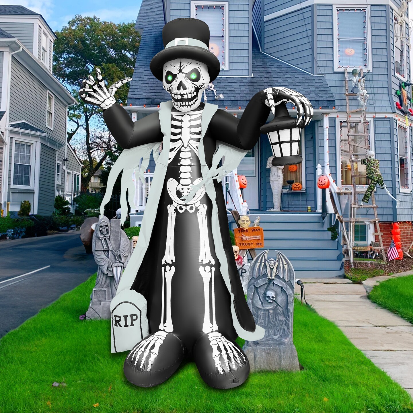 GOOSH 8.2FT Inflatable Skeleton with Top Hat and Lantern – Light-Up Halloween Yard Decoration