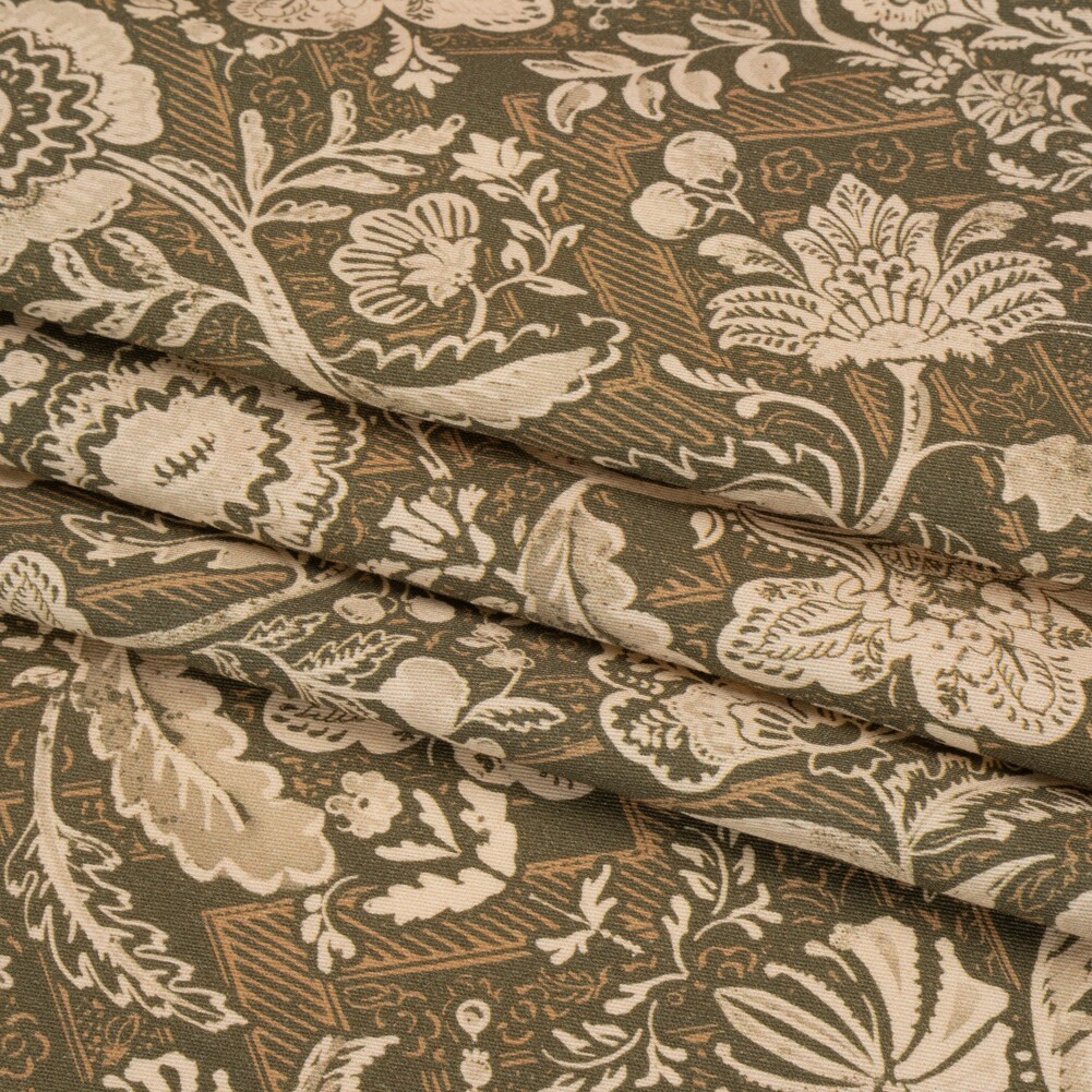 1 Yard Stretch Cotton Twill Print Moss Green and Beige Floral Aromatic Aria