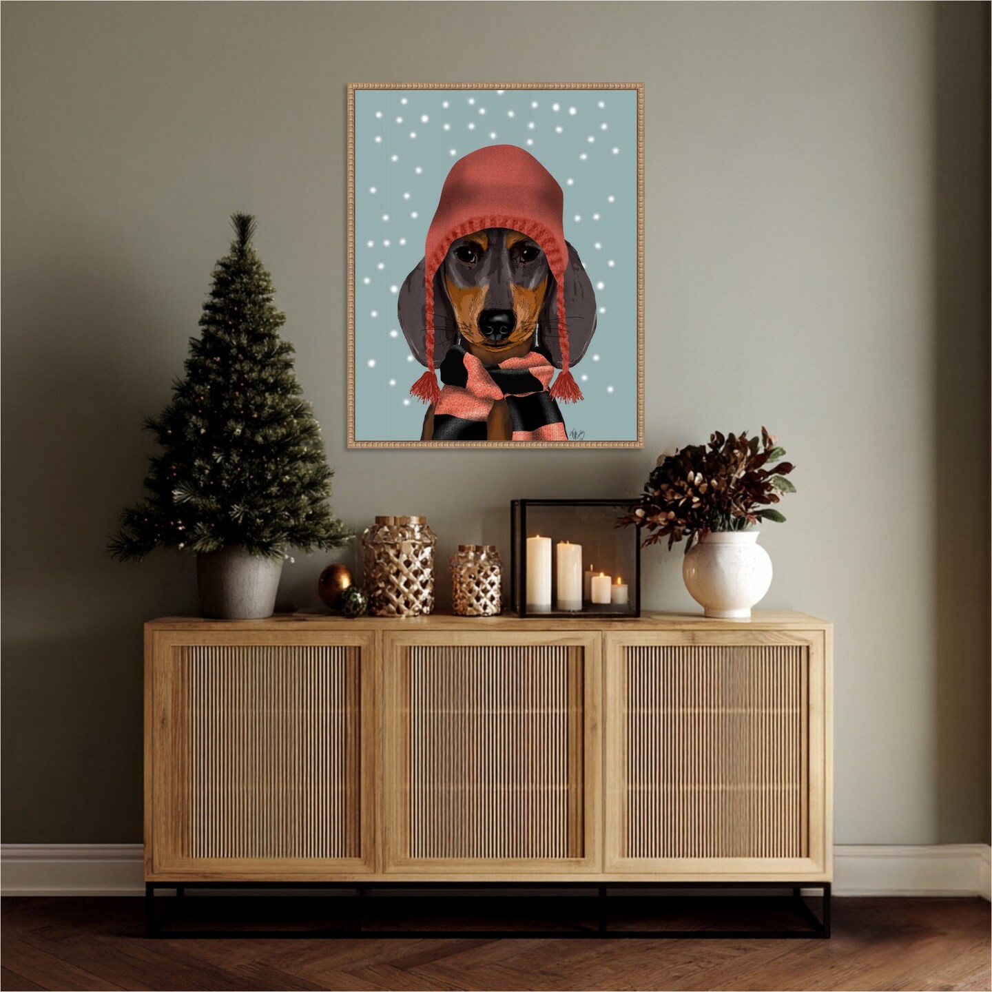 Dachshund With Woolly Hat and Scarf by Fab Funky 23-in. W x 28-in. H. Canvas Wall Art Print Framed