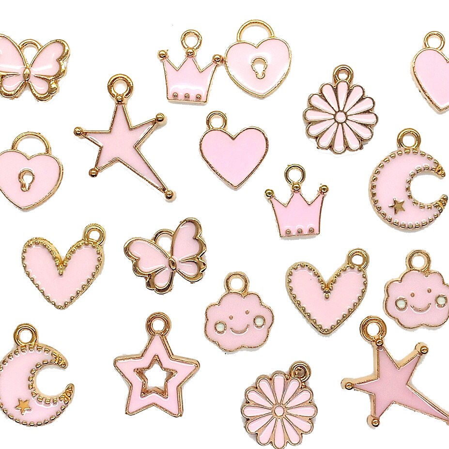 Pink Enamel Charms Mix, 20 pcs, Hearts Stars Crowns, Adorabilities
