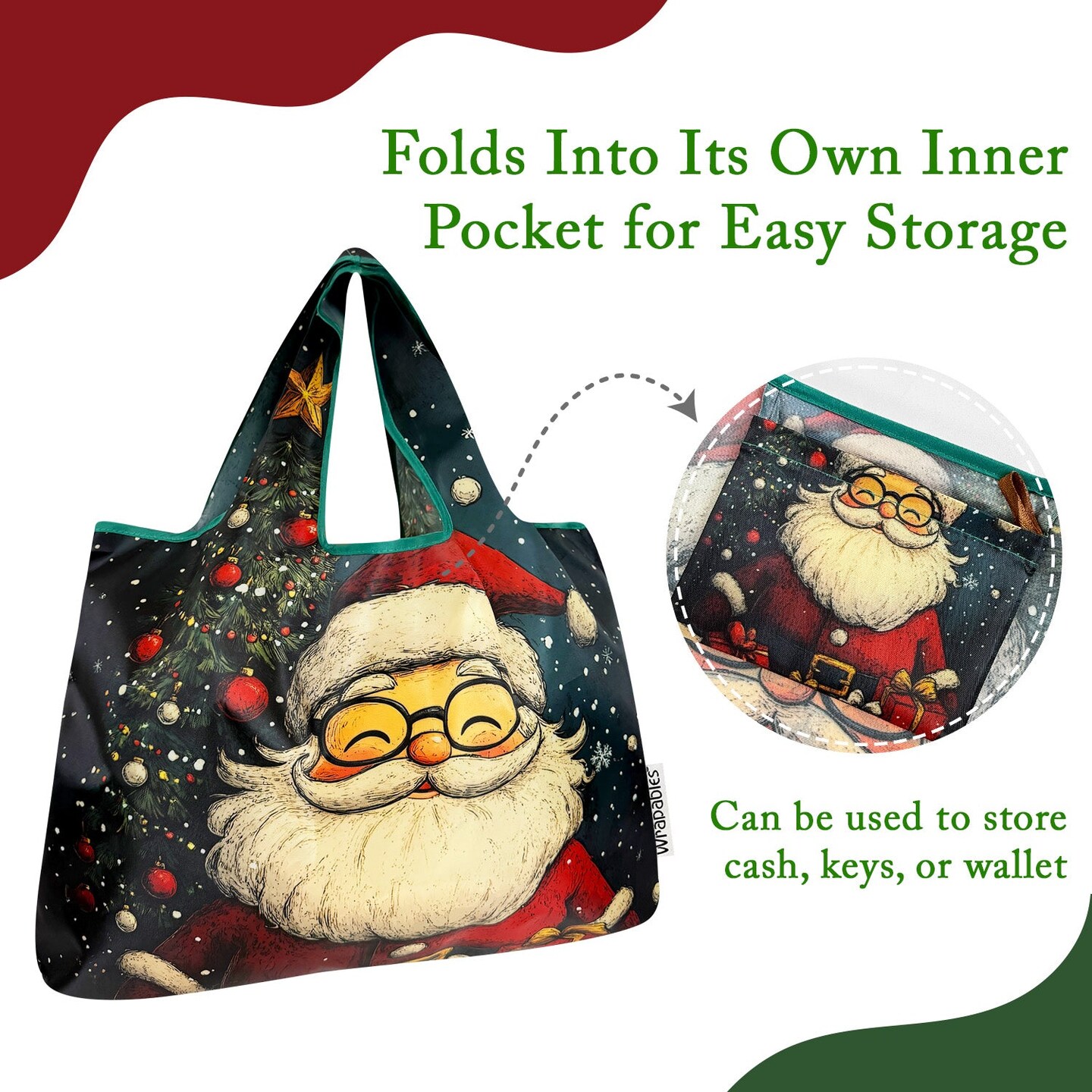 Wrapables Large Foldable Christmas Holiday Nylon Reusable Grocery Bag, Santa