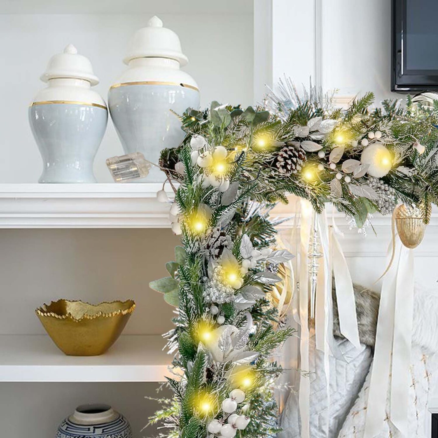 Pre-Lit 9 ft/108 Inch Christmas Garland with 50 Led Lights(05-sliver White)