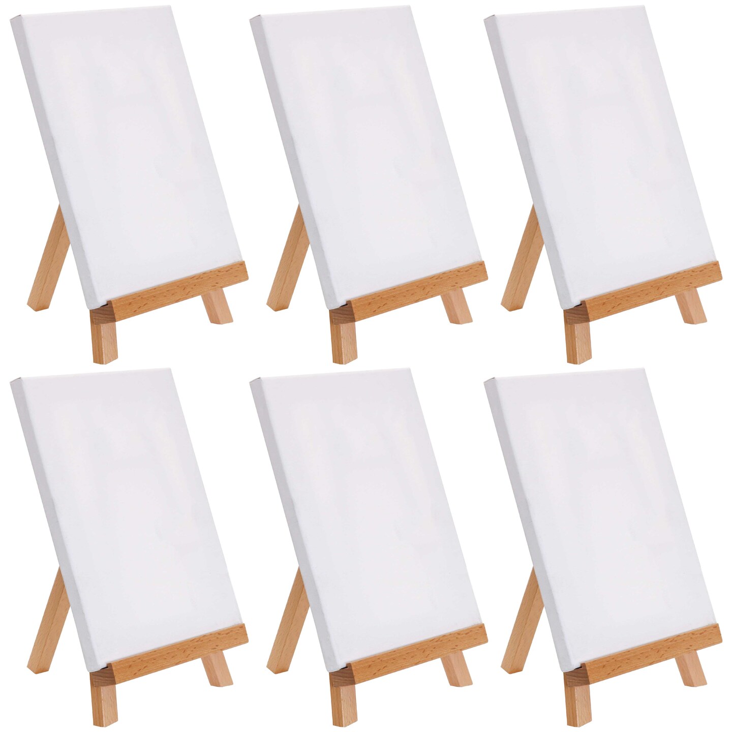 8&#x22; x 8&#x22; Stretched Canvas with 10.5&#x22; Small Wooden Tabletop Easel Kit (6 Pack) for Painting and Display Stand - A-Frame Table Top Easel, Canvas Holder