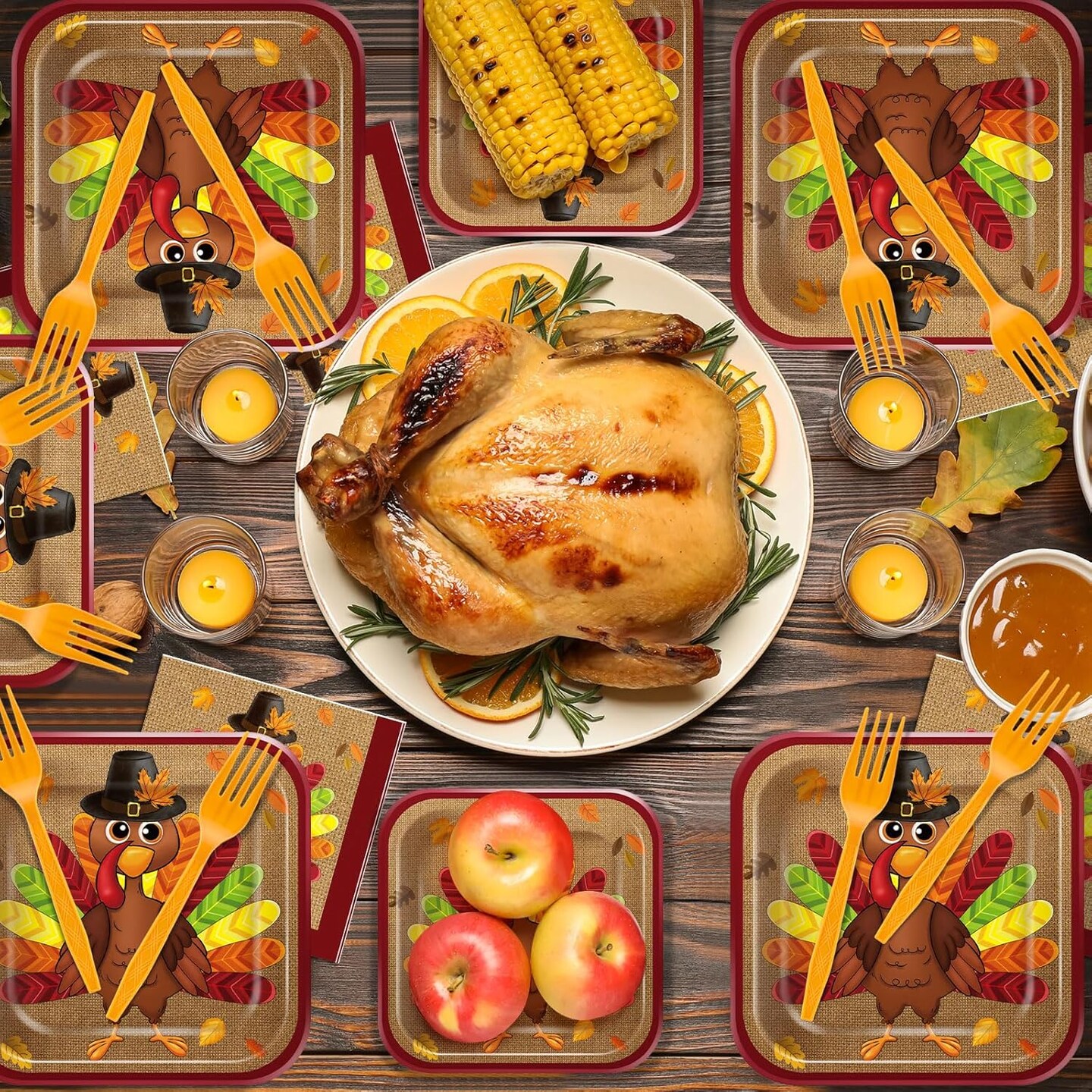 100 Pcs Thanksgiving Turkey Paper Plates, Napkins, and Forks Tableware Set for 25 Guests