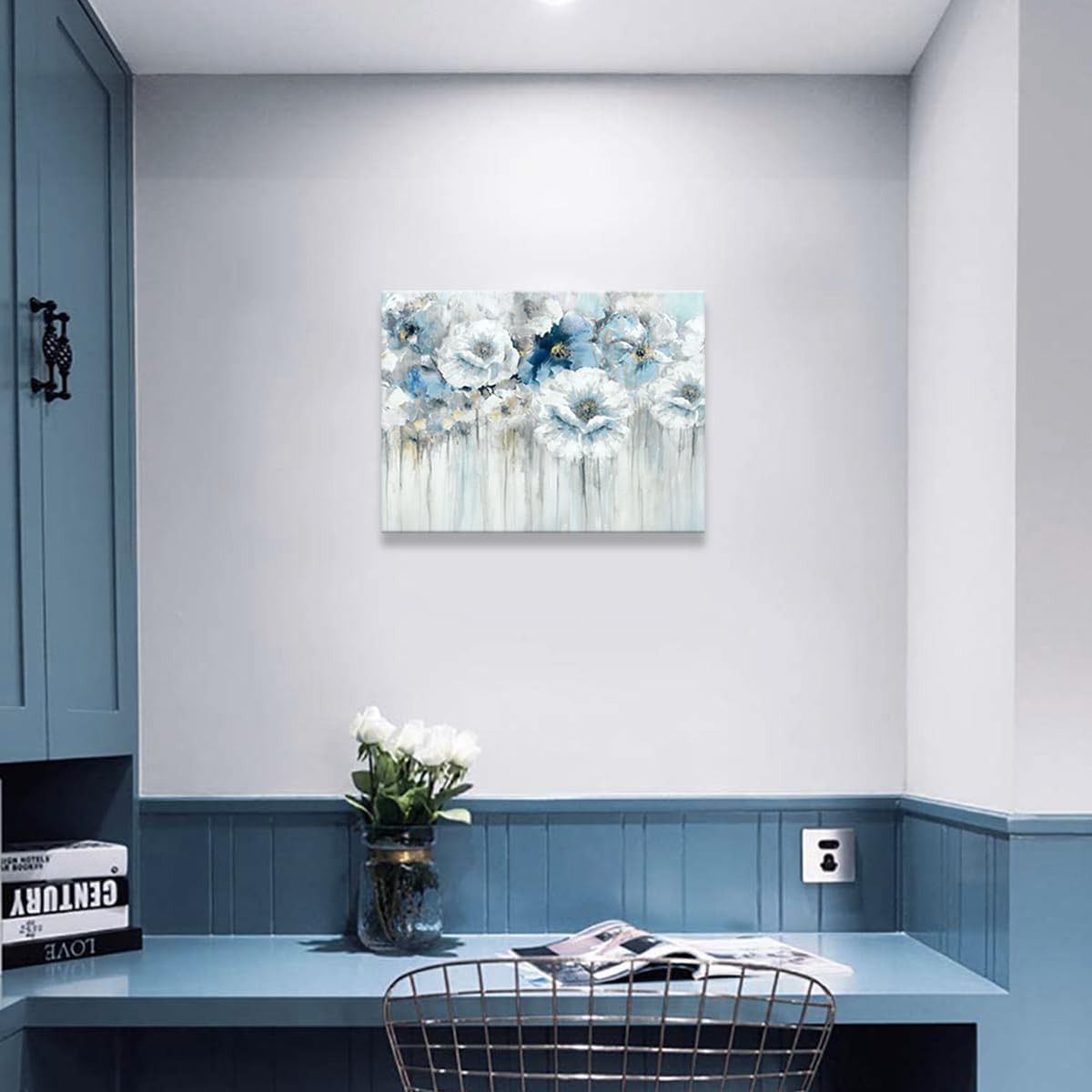 Bathroom Flowers Canvas Wall Art Abstract White Floral Pictures with Gold