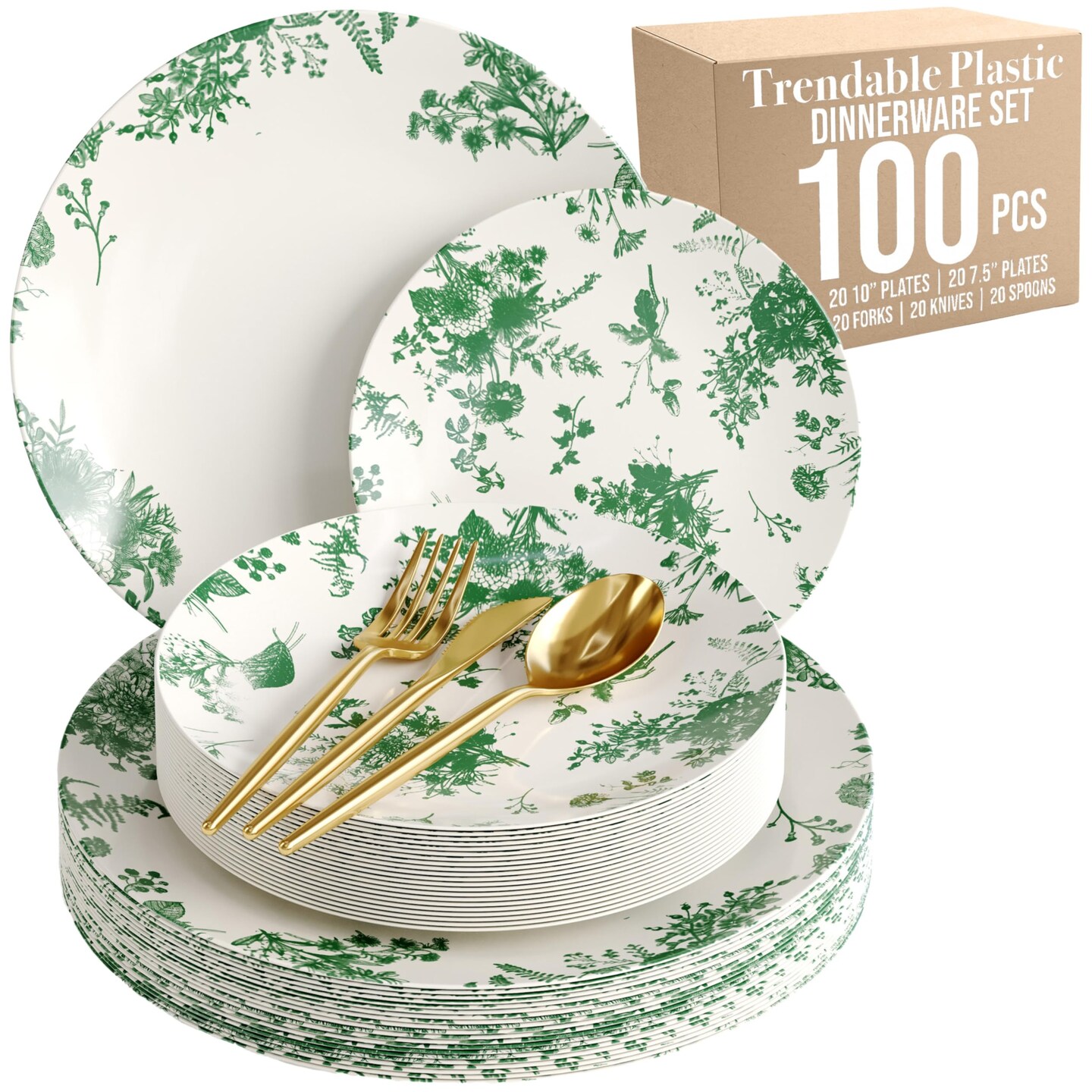 Trendables Fancy Plastic Dinnerware Sets Gold Silverware Disposable 20 X 10 Inch Charger Plates 20 X 8 Inch Dessert Plates 20 x Gold Plastic Forks and Spoons Knives
