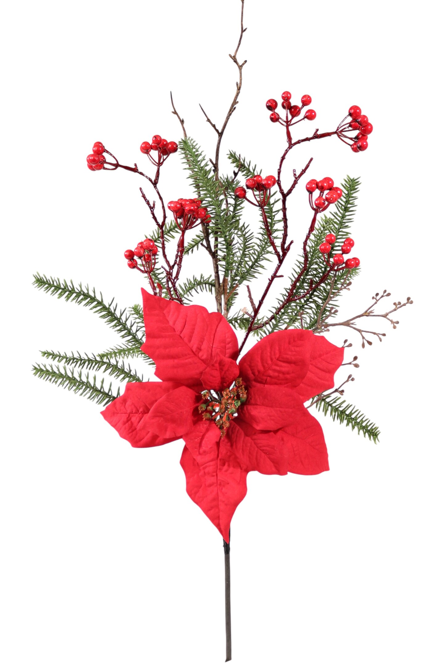 29" Poinsettia, Pine & Berry Spray – Red Artificial Holiday Floral Stem 6 Pack