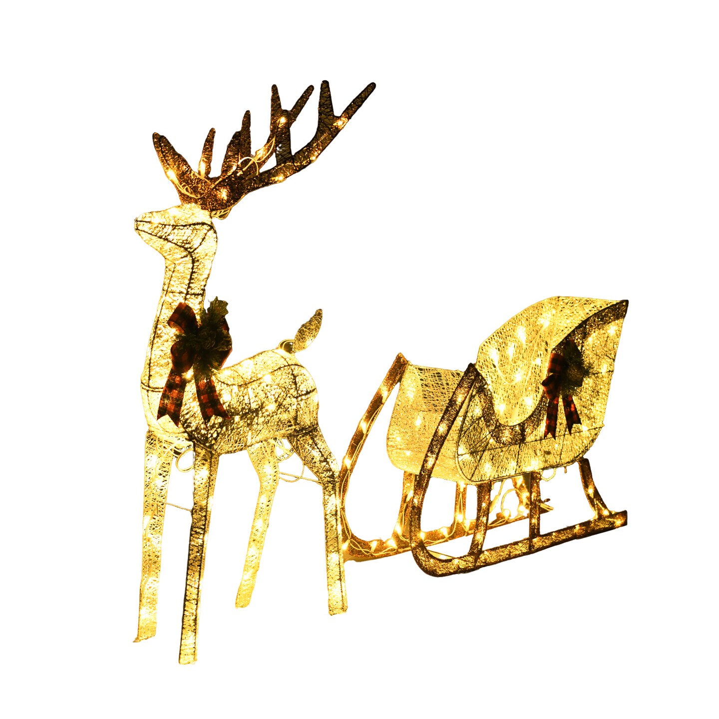 48 Inch H Reindeer and 38 Inch L Sleigh Set With Warm White LED Christmas Decoration