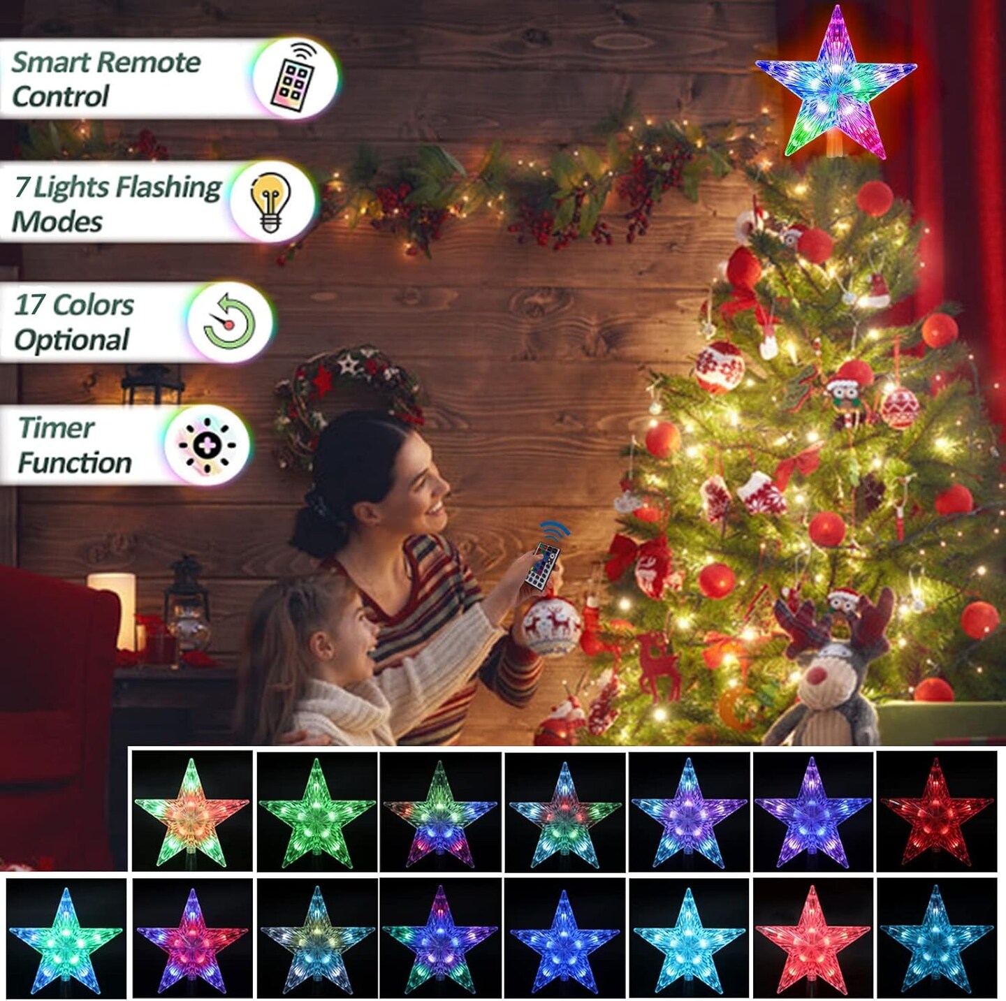 Christmas Star Tree Topper Lights - 9.5 Inch & 10 LED with Remote (3AA Battery Powered)