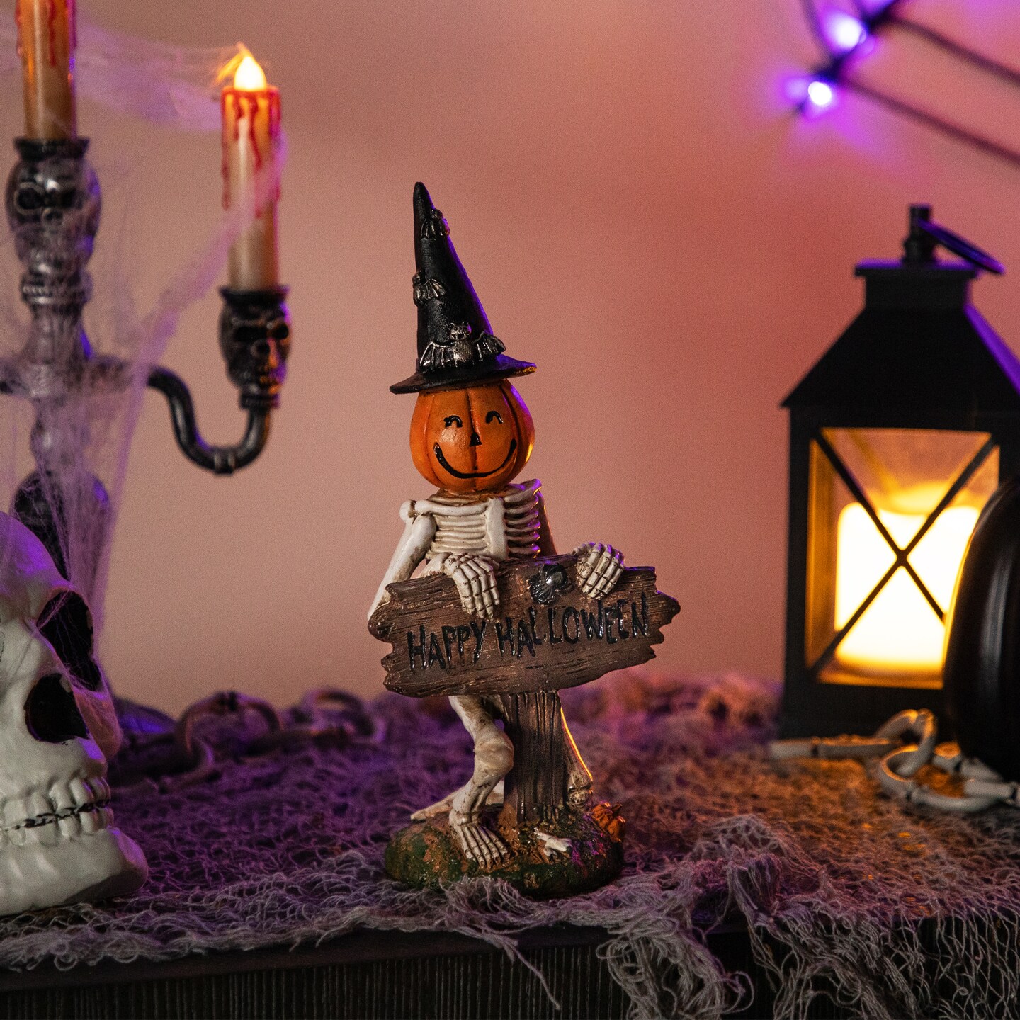 Northlight Jack-O-Lantern Skeleton in Witch&#x27;s Hat and Happy Halloween Sign - 9.5&#x22;