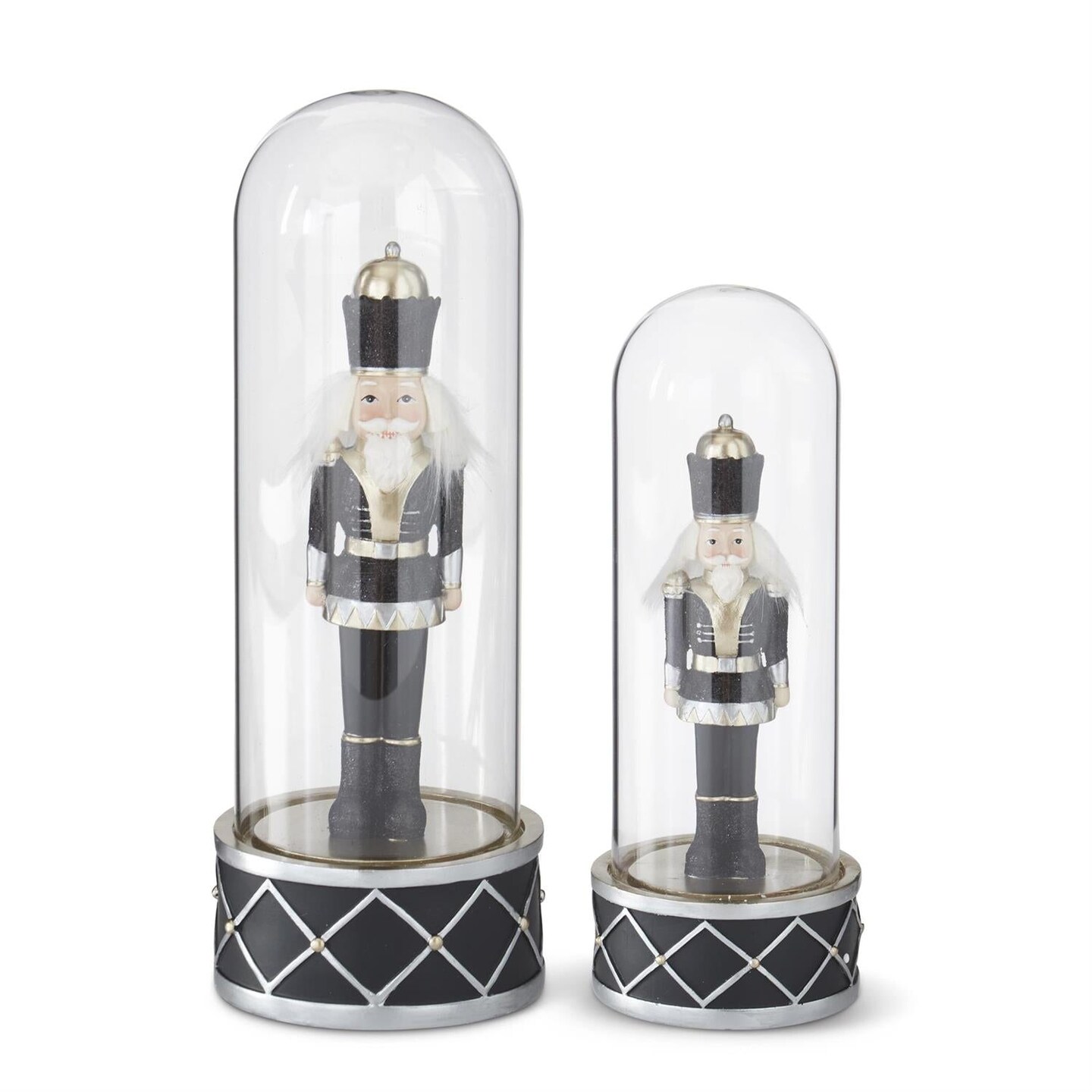 Set of 2 Black &#x26; Gold Nutcracker Soldiers Under Glass Cloche &#x2013; Elegant Christmas D&#xE9;cor