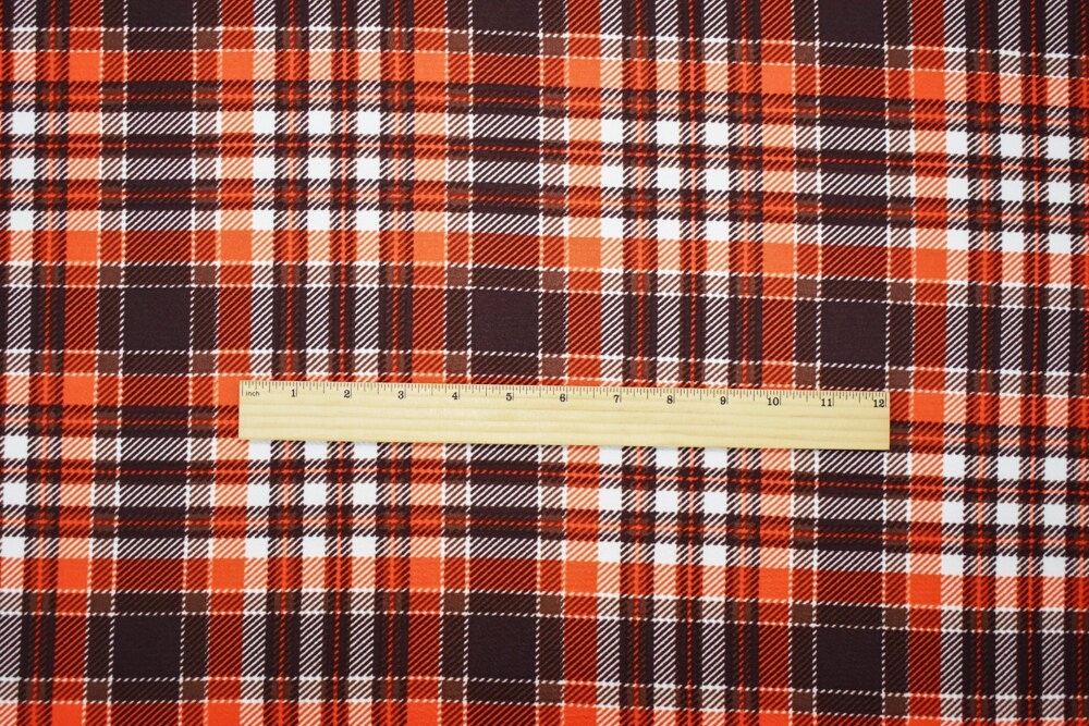 Brown-Orange Poly Plaid Print Stretch Spandex Liverpool Double Knit Fabric By the Yard