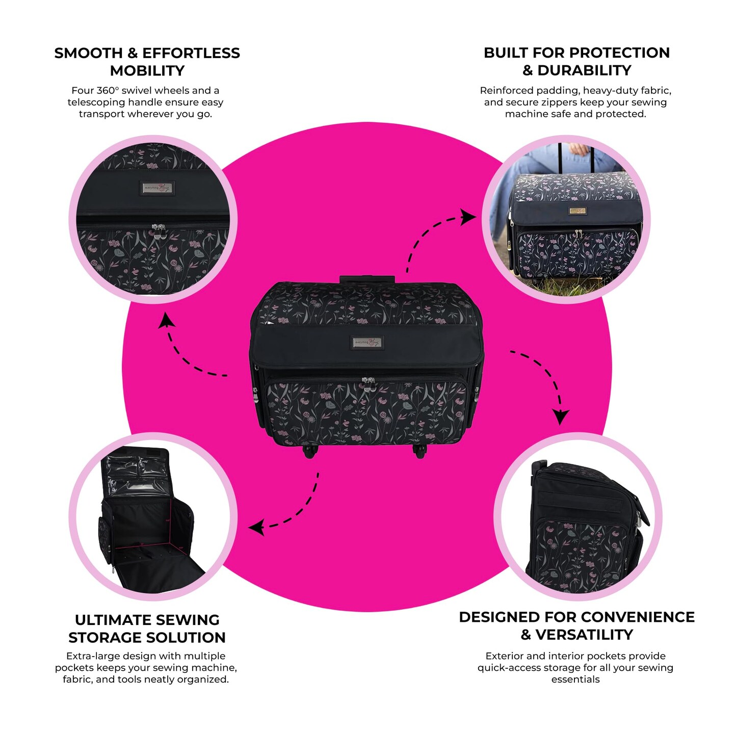 XL 4 Wheel Collapsible Deluxe Rolling Sewing Machine Storage Case, Black &#x26; Floral