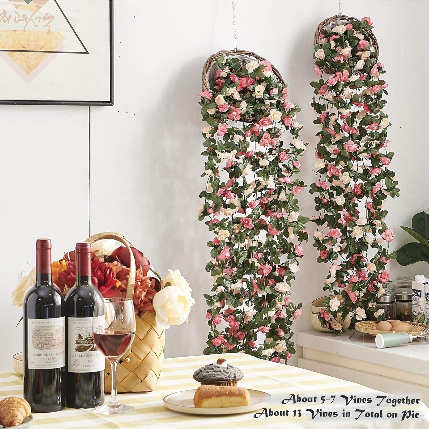 8 Pcs 66FT Flower Garland, Artificial Rose Vine Flowers with Green Leaves (Spring-pink-8pcs)