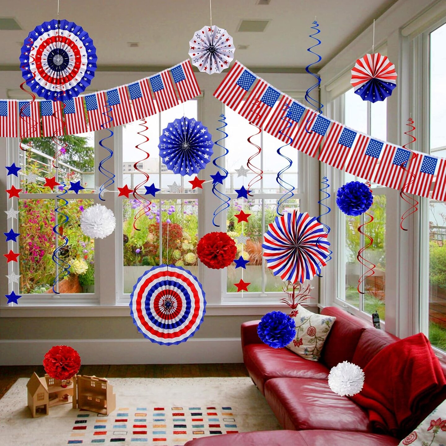 26Pcs 4th of July Decorations Patriotic Decor USA Flag String Red White Blue Paper