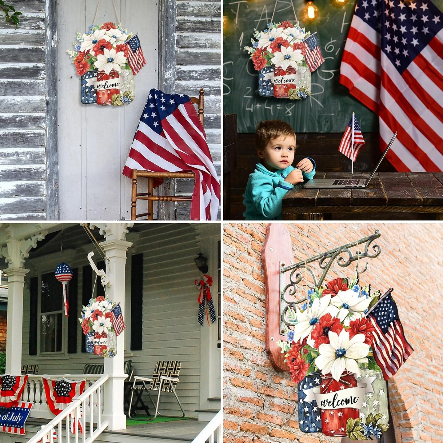 4th of July Welcome Sign – Patriotic Wooden Front Door Decoration for Independence Day & Memorial Day, Red White Blue Flag Farmhouse Hanging Wall Decor