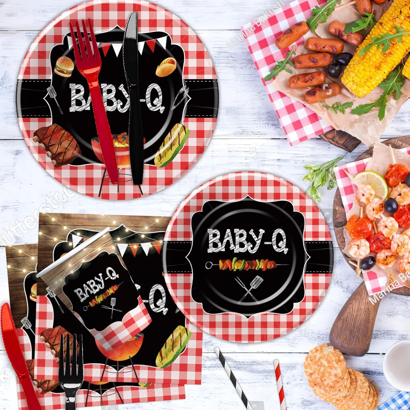 Baby Q Baby Shower Decorations Tableware - BBQ Baby Shower Decorations, Party Supplies | Serve 24(Red)