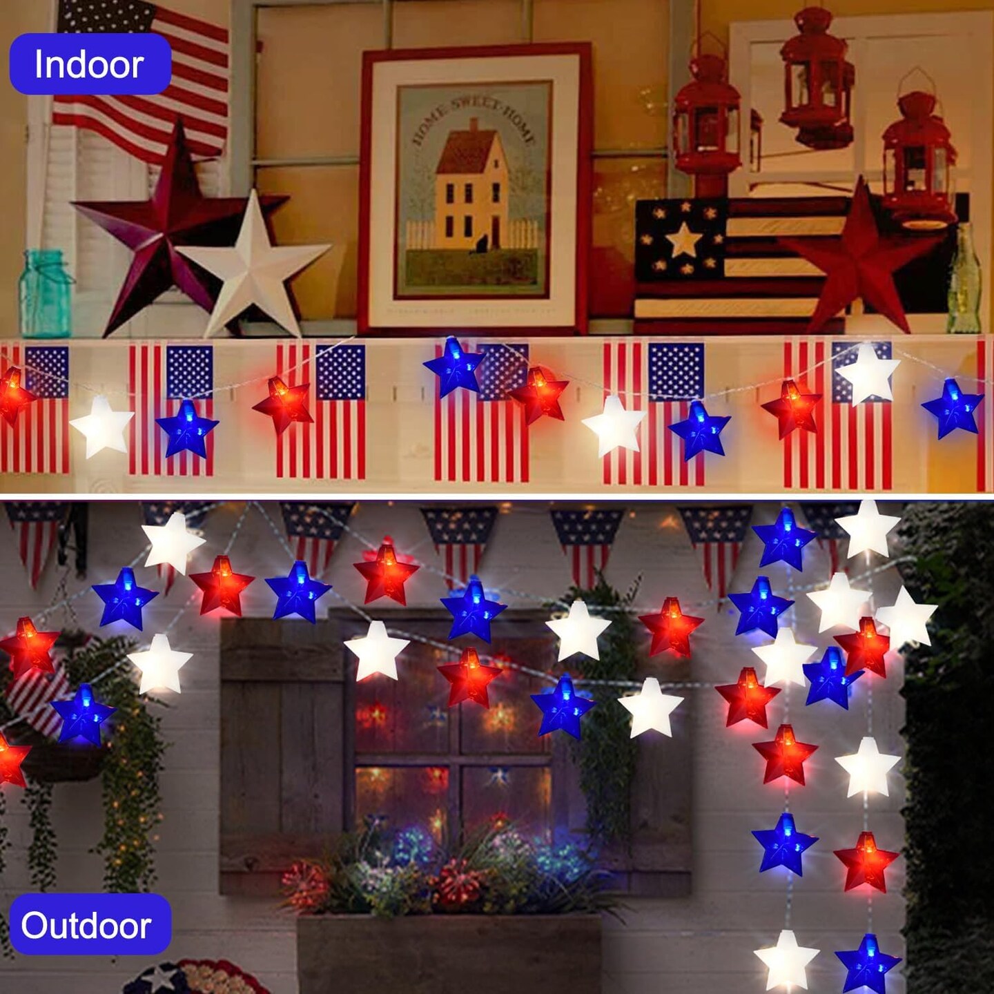 4th of July Lights - 20 LED Red White Blue Star Lights String Plug in, for Memorial Day 4th of July Decorations