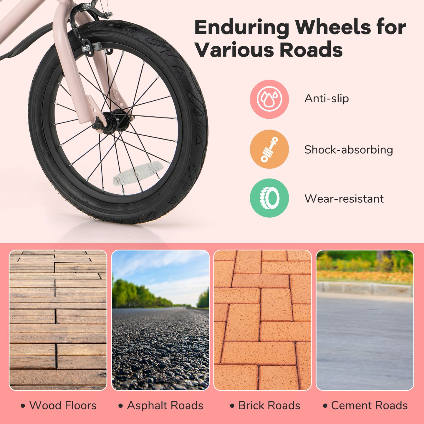 Pink Metal Kids Bike with Dual Brakes and Basket, Adjustable Handlebar