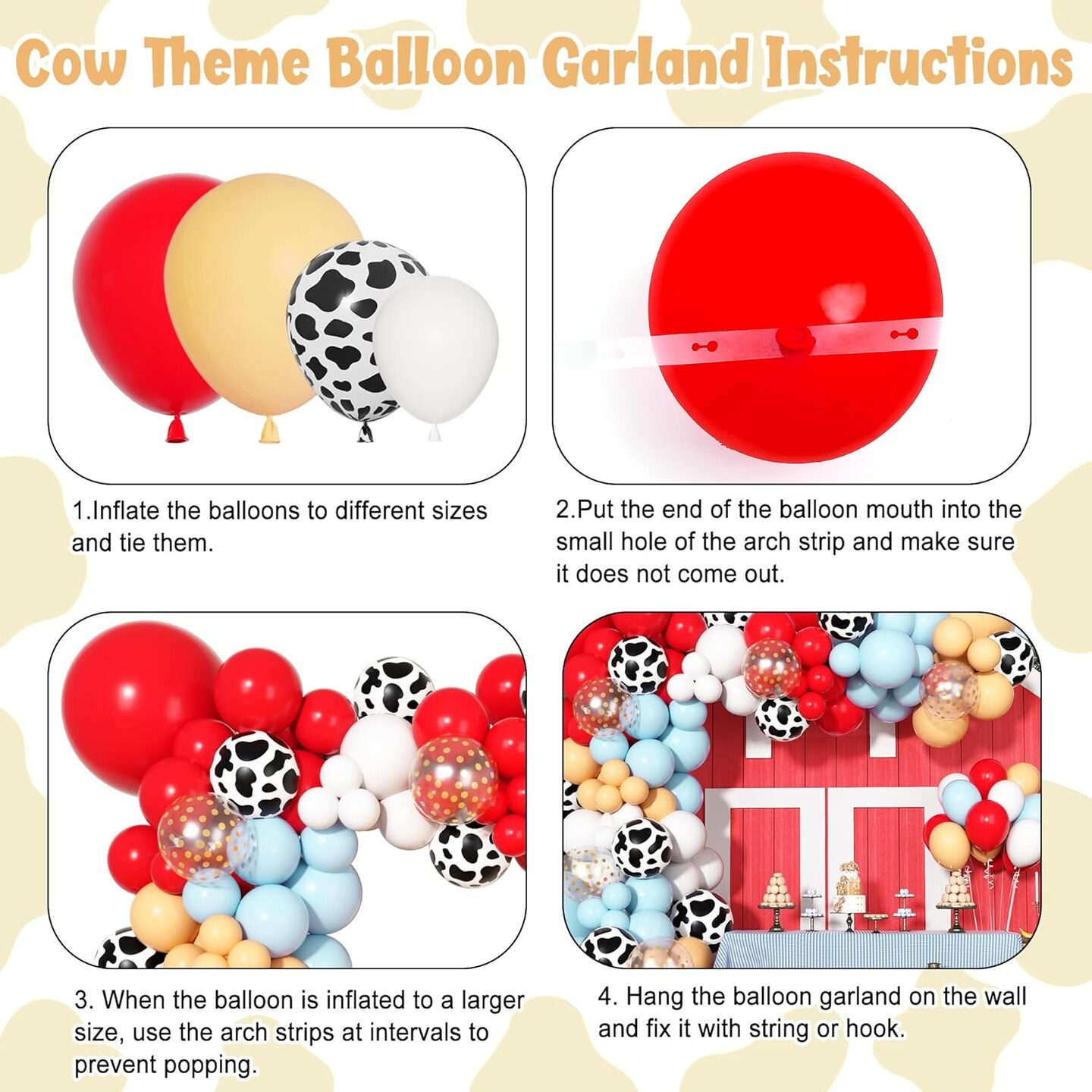170Pcs Farm Animal Balloon Garland Arch Kit, Red Blue Tan White Cow Print Balloons