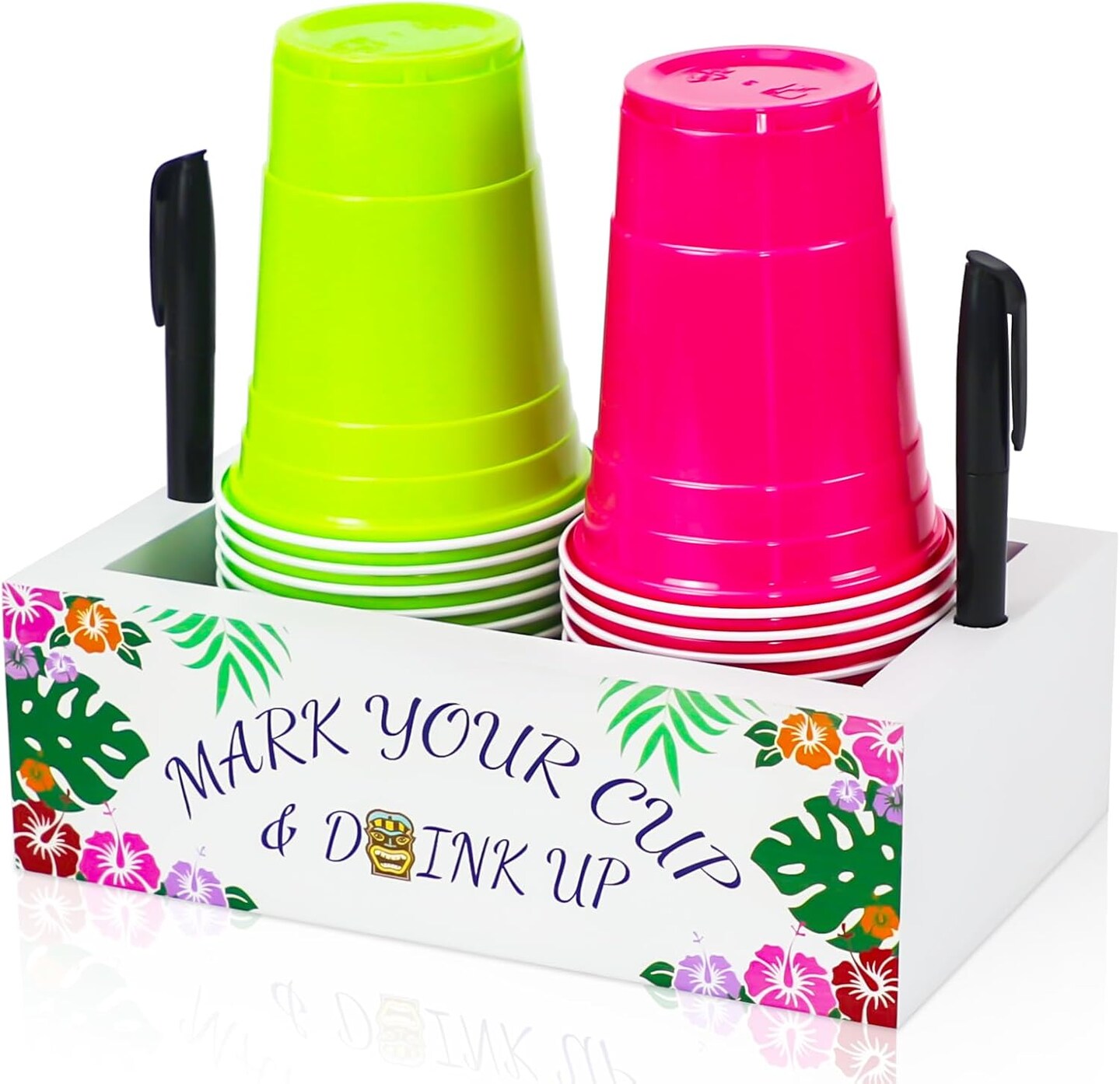 Hawaiian Luau Double Cup Holder with Marker Slot and Marker Pen, Tiki Party Supplies Decorations