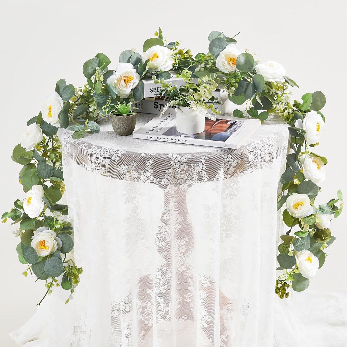 2 Pack 5.91Ft Artificial Eucalyptus Flower Garland with White Roses