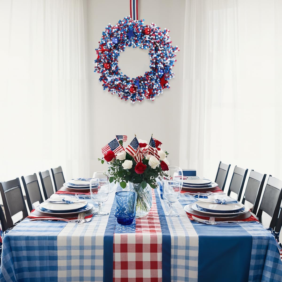 4th of July Wreath for Front Door, Patriotic Wreaths with Red White Blue Colors