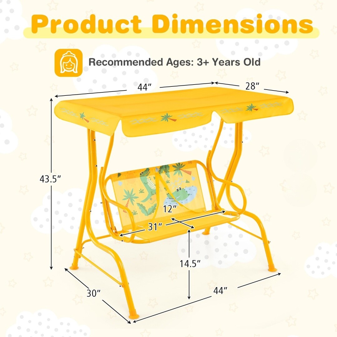 2 Seater Kids Patio Swing with Adjustable Canopy, Metal Frame and Safety Belts