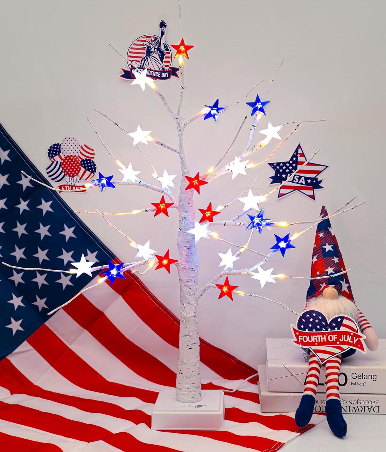 4th of July Decorations 25'' Light up Birch Tree with 24pcs Red White Blue Star Lights(48 LEDs )