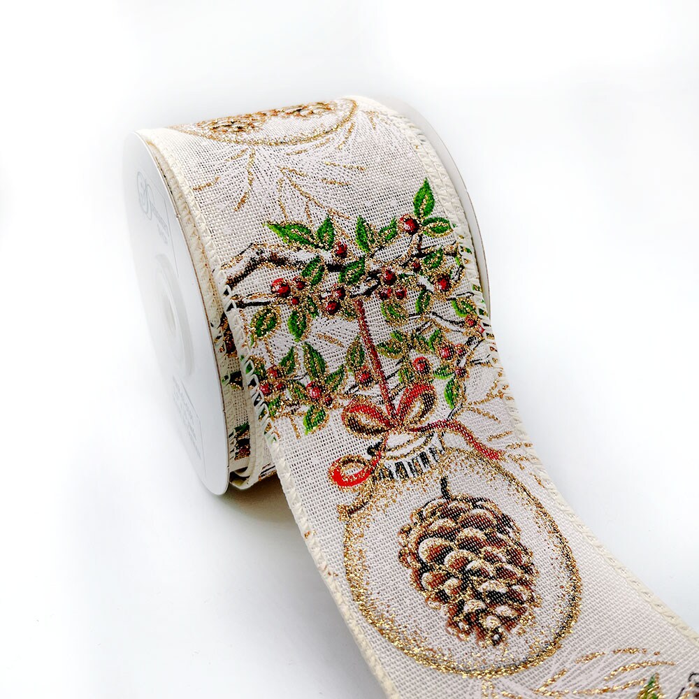 Designer’s Shop WR 63-5191 Holiday Pinecones Glitter Ornament wired edge ribbons (2.5” x 10 yards )