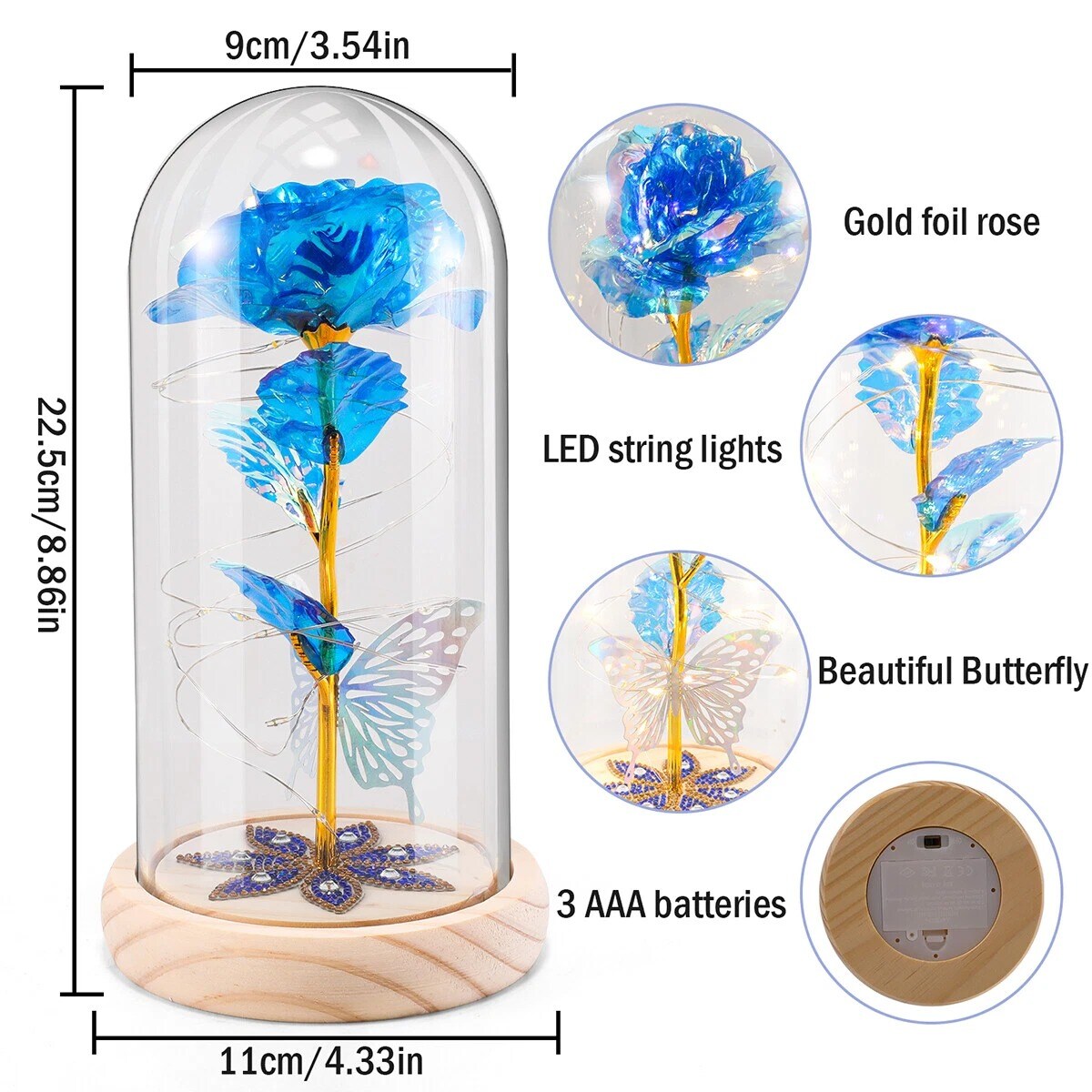 Eternal Preserved LED Rose with Butterfly in Glass Dome Décor