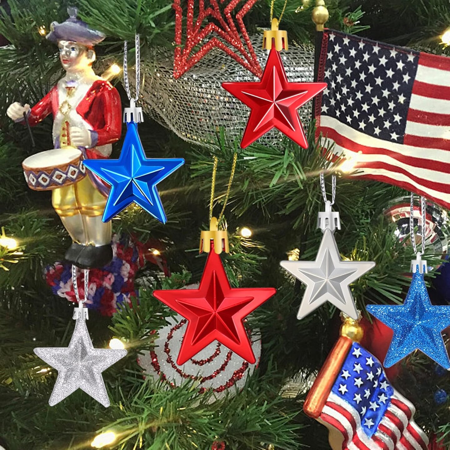 36Pcs Patriotic Star Ornaments Memorial Day Independence Day Labor Day Veterans Day Decorations for Home Party Christmas Tree Decor, Blue Red and Silver