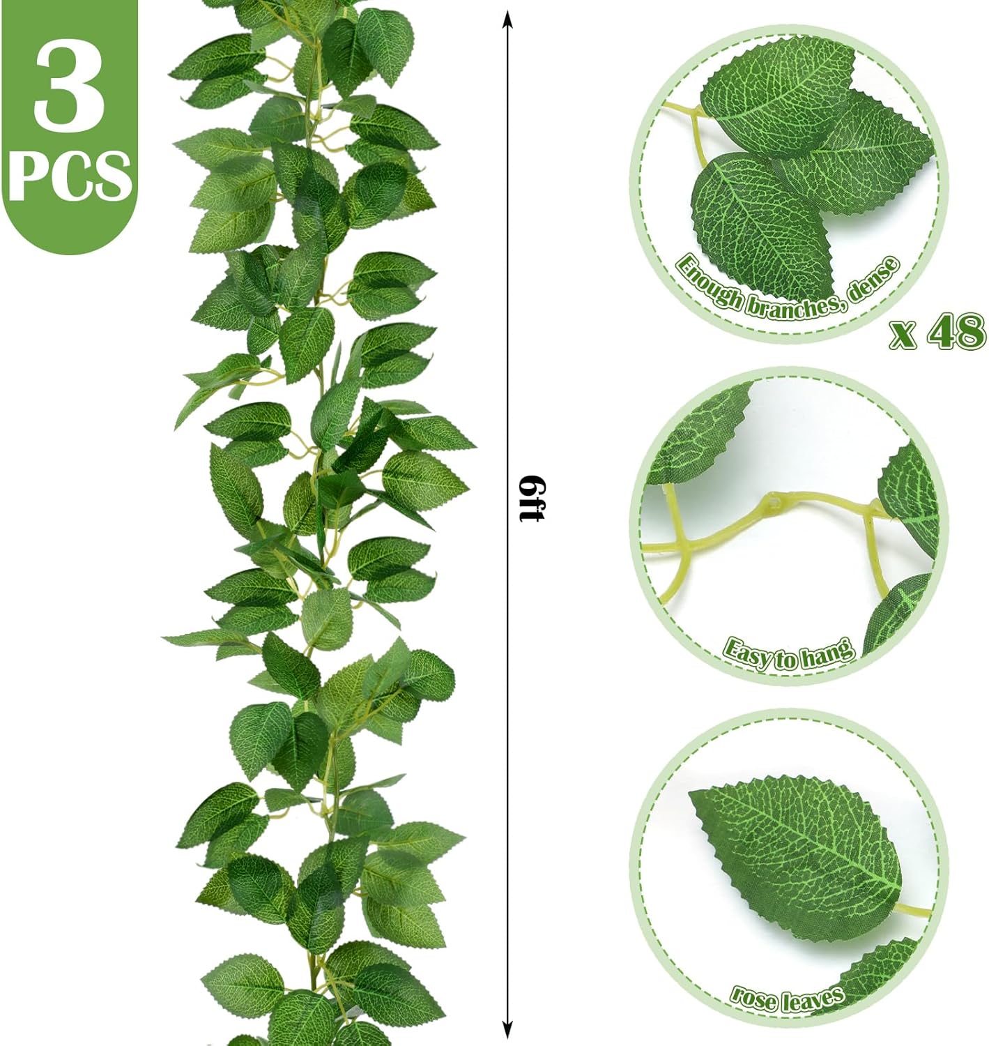 3 Pcs 6ft Artificial Silk Rose Leaf, Hanging Greenery Vine Fake Hanging Plants(Green)