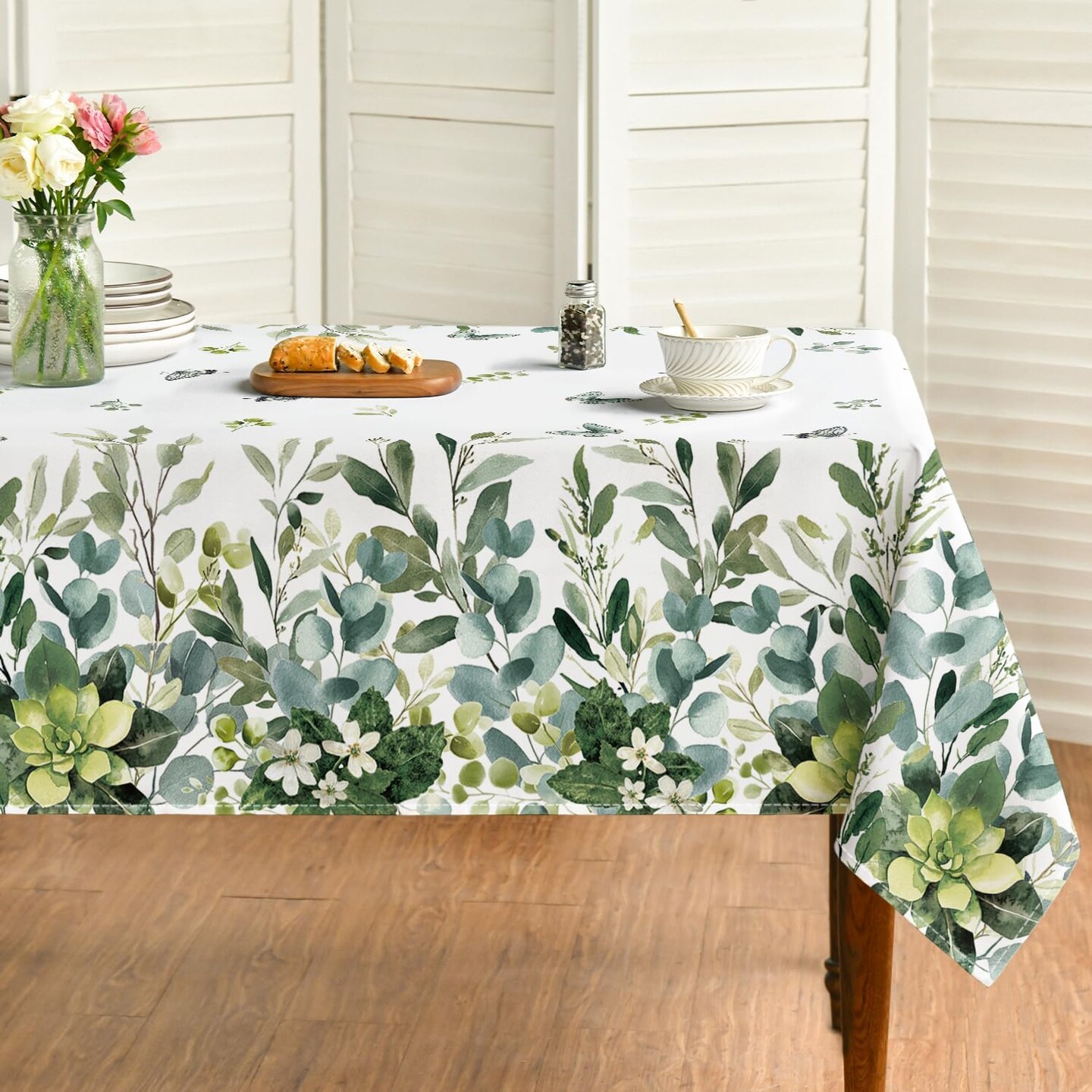 Spring Summer Tablecloth 60x84 Inch Rectangular, Eucalyptus Floral Table Cover