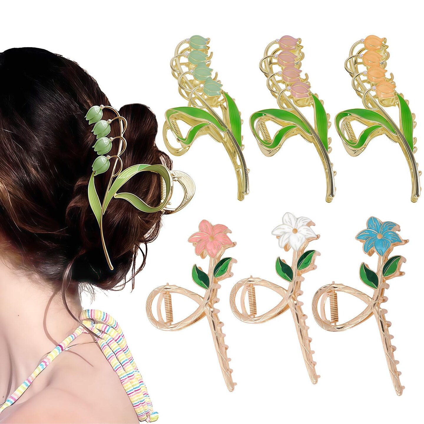 6 Pcs Flower Metal Claw Hair Clips, Large Lilies and Orchid Designs, Fashion Hair Accessories
