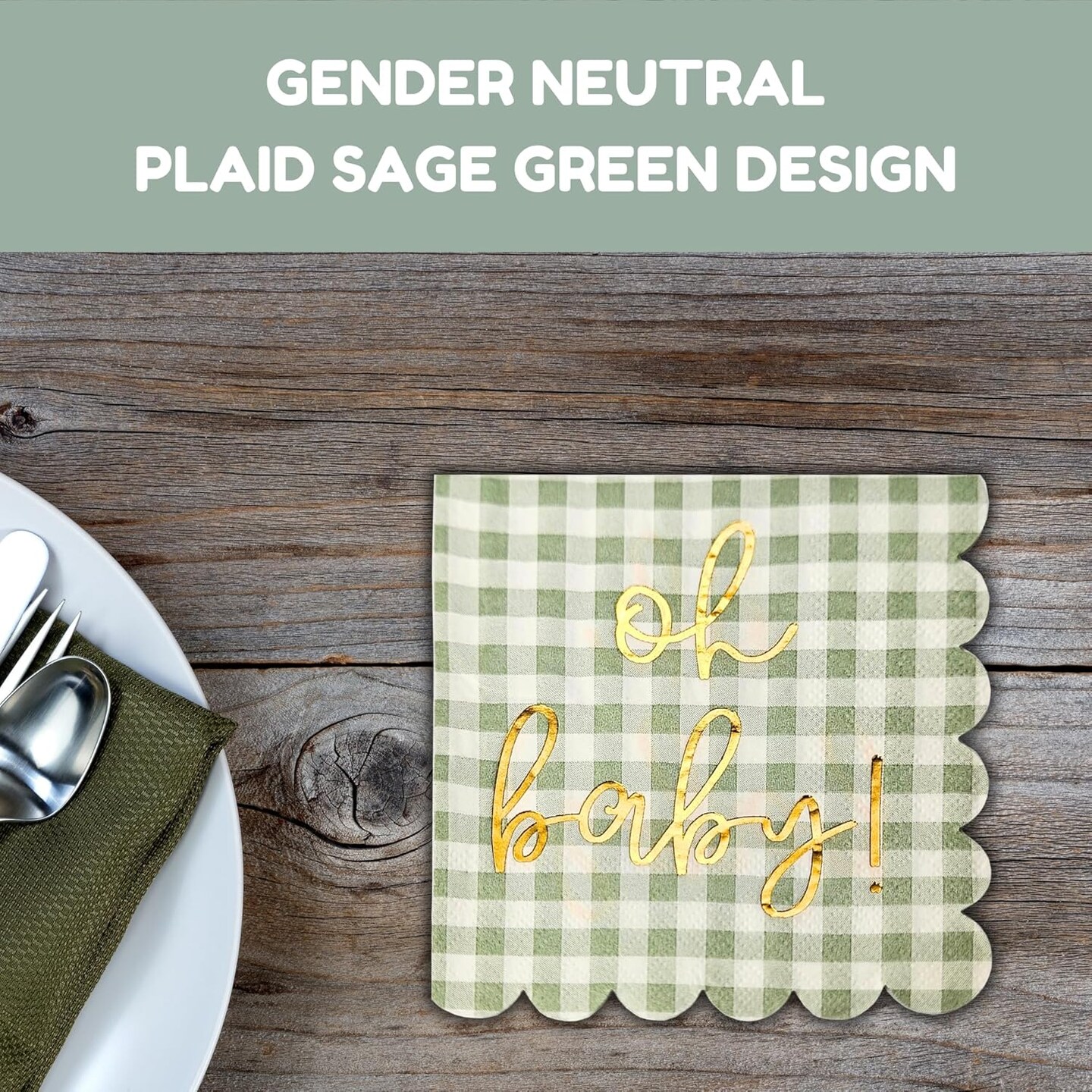 'Oh Baby' Baby Shower Decorations, 50 Pack, Gold Oh Baby Napkins in Plaid Sage Green Pattern, Scalloped Edges